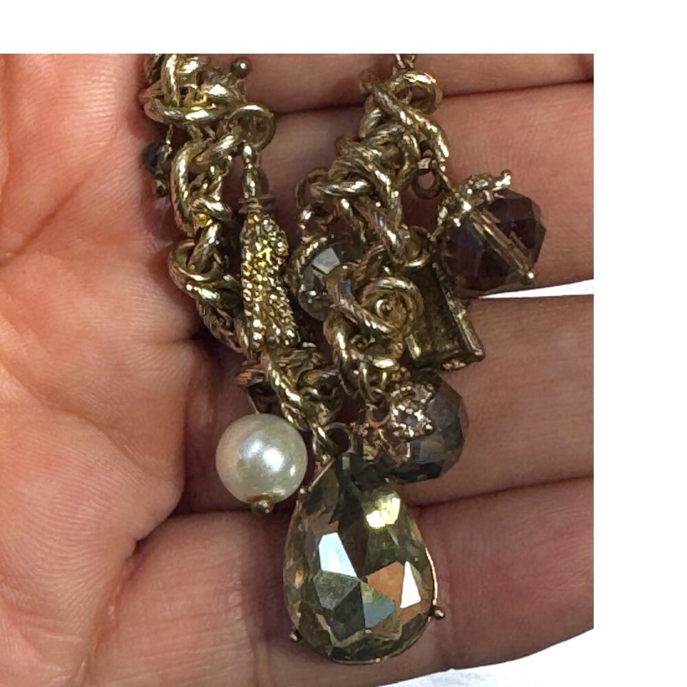 Vintage Gold Charmed Necklace With Crystals, Faux Pearls and Tassel 30” Long - Picture 4 of 8